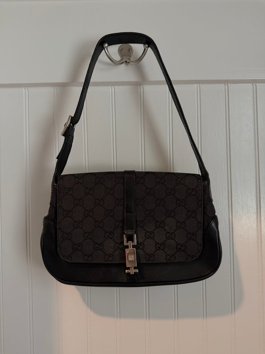 Gucci Jackie Black Canvas Flap Shoulder Bag